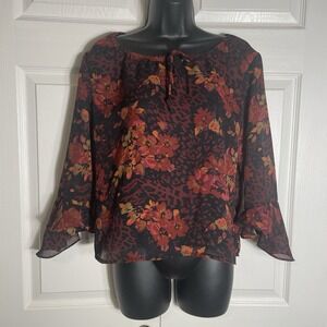 Vintage Notations Floral Y2K Shirt Women Petite L Black Red Whimsigoth Fairy Top